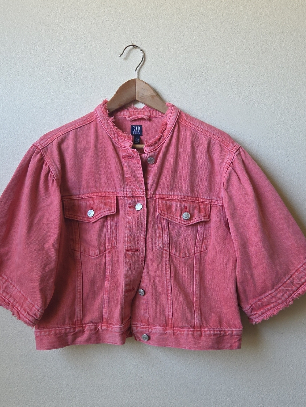 GAP Stone Washed Faded Red Denim Jacket Mamdarin Collar Medium